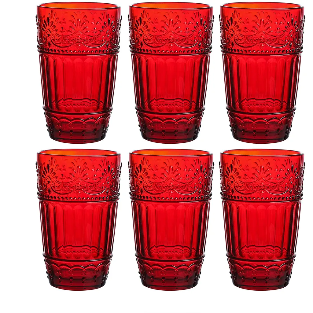 WHOLE HOUSEWARES | Gläser | 6er Set Trinkgläser | 330 ml Prägedesign | Trinkbecher für Wasser, Eistee, Saft (rot)